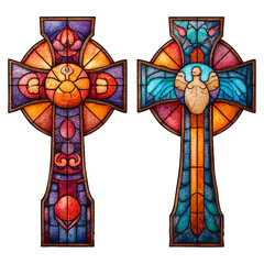 Two Celtic crosses, stained glass style, isolated on white.

