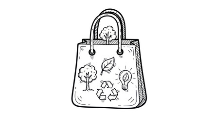 Hand-drawn sketch of an eco-friendly shopping bag with nature symbols.