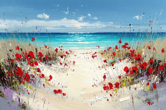 Sandy path leads to a bright turquoise ocean, bordered by red poppies