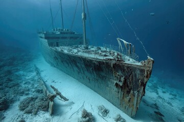 Sunken ship's bow in shallow coral reef