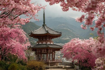Japanese Pagoda Amidst Cherry Blossoms