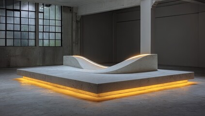 Modern architectural sculpture in a spacious industrial setting