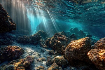 Obraz premium Underwater sunbeams illuminating ocean rocks