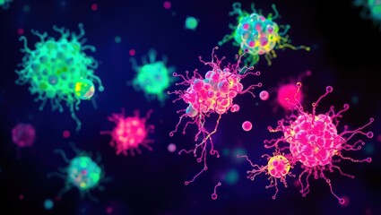 Microscopic view of brightly colored cells with tendrils against a dark blue background in detail