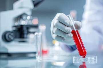 Scientist in lab coat holds a test tube with red liquid over a petri dish