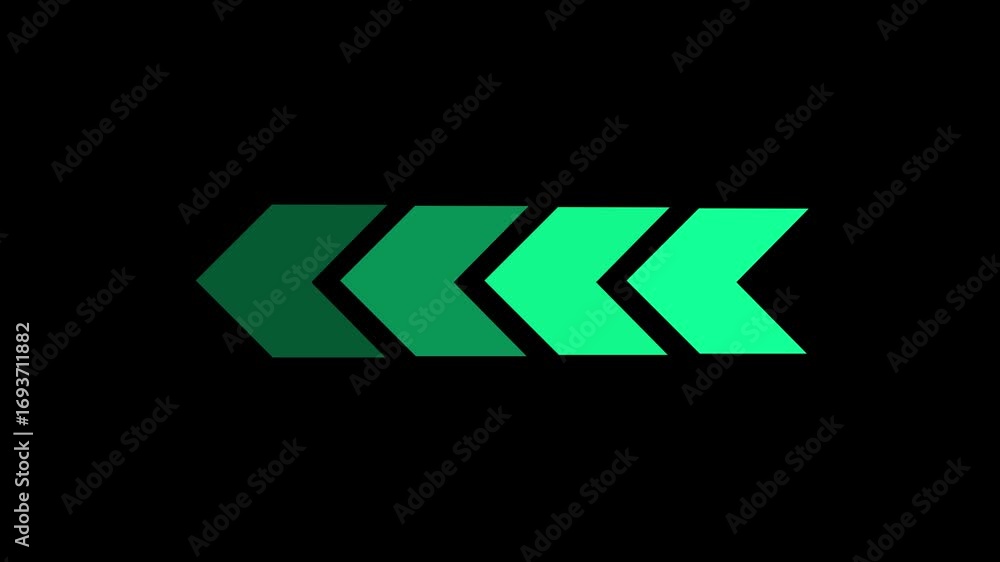 Poster four green chevron arrows pointing left in a sequence on a black background direction movement