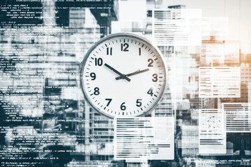 Clock overlayed on abstract cityscape code