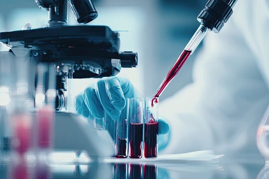 Close-up of scientist in lab coat adding blood sample to test tubes - Powered by Adobe