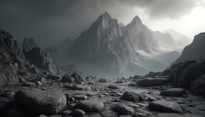 Monochrome illustration features rugged mountain landscape with stone-covered foreground. Volumetric lighting, wide panoramic view create dramatic, atmospheric scene, perfect for background design