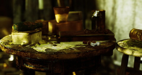 A wooden table is covered with scattered papers, books, and objects in a dimly lit room, creating an atmosphere of neglect and history. Dust settles on everything, suggesting abandonment.