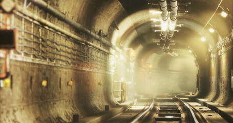 Obraz premium An underground tunnel stretches into the distance, illuminated by soft light. Tracks run along the floor, surrounded by weathered walls and industrial pipes, evoking a sense of mystery.
