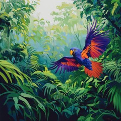 Vibrant parrot soaring through a lush, tropical forest