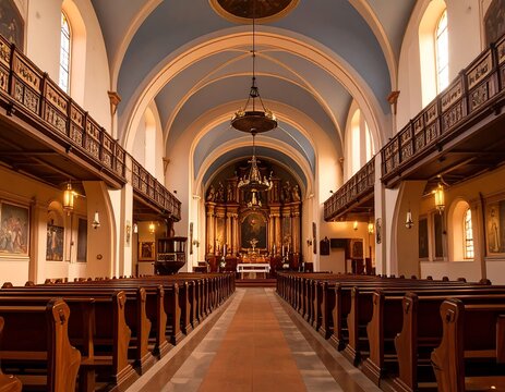 Interior of a church, sunlight streams down the aisle