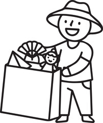 : Happy Tourist with Souvenir Shopping Bag Line Illustration
