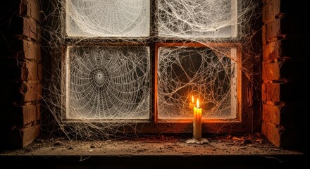 Eerie abandoned window with cobwebs and single candle casting shadows