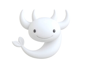Cute 3D cartoon white ox character with horns and tail smiling on black background