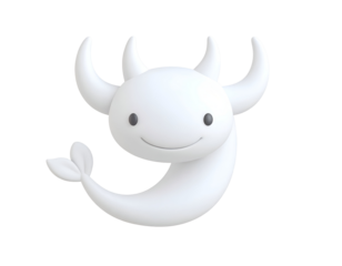 Cute 3D cartoon white ox character with horns and tail smiling on black background