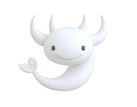 Cute 3D cartoon white ox character with horns and tail smiling on black background