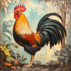 Rooster in a lush, stylized landscape.  Colorful rooster,  standing proud, detailed plumage,  tropical foliage