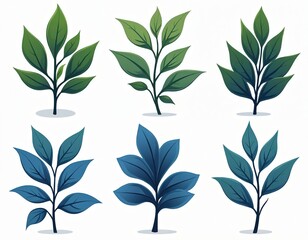 Stylized illustration featuring six plant sprigs with varying leaf shapes, sizes. Displayed in shades of green, blue, botanical elements represent growth, nature with minimalist graphic design style.