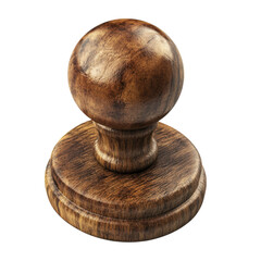Closeup of a handcrafted wooden stamp with a spherical handle and circular base showcasing the wood grain against a for a vintage feel on transparent background