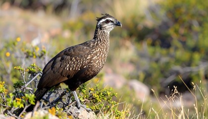 A brown bird perches amidst low shrubs