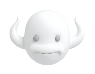 White 3D Grumpy Ghost Character with Horns on Black Background