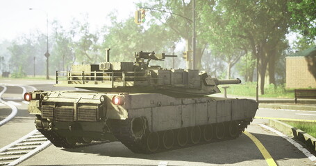 Fototapeta premium A military tank navigates a city street under sunny conditions. Surrounding trees offer shade while traffic signals regulate movement nearby. The scene captures urban infrastructure.