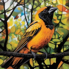 Vibrant golden-yellow bird perched on a branch, surrounded by a lush, colorful forest backdrop