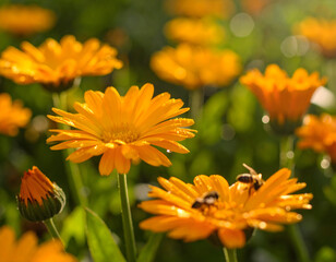 Fototapeta premium Vibrant orange calendula flowers in summer sunlight with bees pollinating