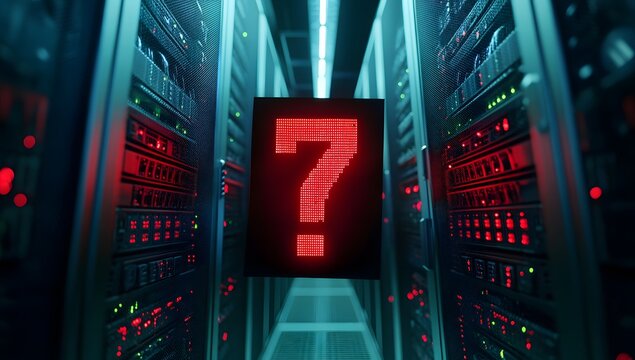 A red exclamation mark on the background of server cabinets with data center equipment