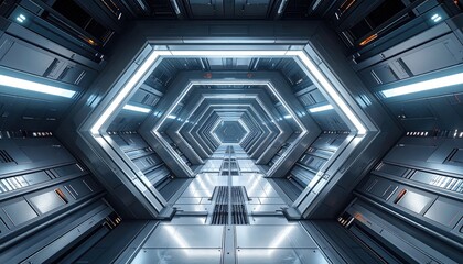 A futuristic, hexagonal corridor extends into the distance, illuminated by bright, glowing lights, showcasing sleek metallic surfaces and advanced architectural design.
