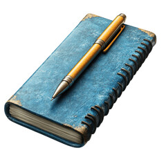 Blue vintage journal with a golden pen resting on top perfect for writing notes stories or sketching ideas in a creative and stylish way on transparent background