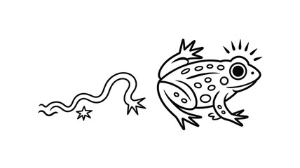 Whimsical Frog Transformation: A Cartoon Tadpole and Frog Illustration for Children's Education and Creative Projects in Black and White Outline Style