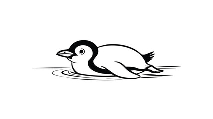 Cartoon Penguin Chick Swimming: Black and White Vector Illustration of a Cute Baby Penguin Floating in Water, Isolated on a White Background.