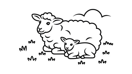 Cute Cartoon Sheep and Lamb Illustration: Farm Animals in Black and White Outline Style for Coloring Pages and Educational Materials