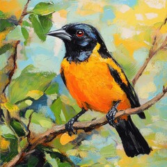 Vibrant painting of a small bird perched on a branch