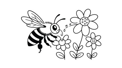 Cute Cartoon Bee Pollinating Flowers Black and White Line Art for Children's Coloring Books and Educational Materials, Spring and Summer Theme