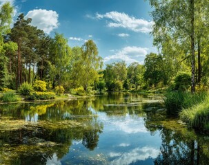 Serene lake nestled within lush greenery under a vibrant sky
