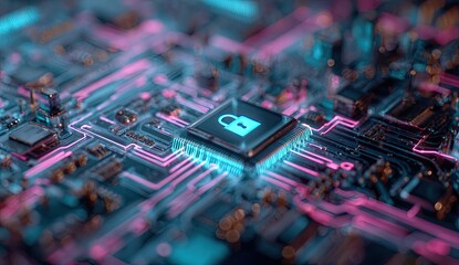 Circuit board with glowing pathways and a lock symbol in the center