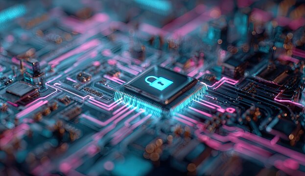 Circuit board with glowing pathways and a lock symbol in the center - Powered by Adobe