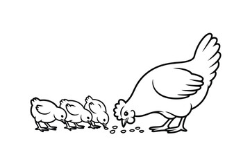 Hen with Chicks Illustration: Black and White Line Art for Kids, Educational Material, Coloring Books, and Creative Design Projects about Farm Animals
