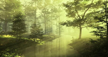 Sunlight gently pours into a lush forest, illuminating a peaceful creek. Tall trees provide a canopy, while soft reflections dance on the waters surface, evoking calm and serenity.