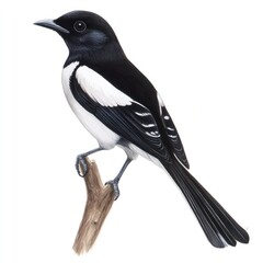 Detailed illustration of a black and white bird perched on a branch.  The bird is in profile view, with black and white plumage.  Sharp markings and a long tail are visible.