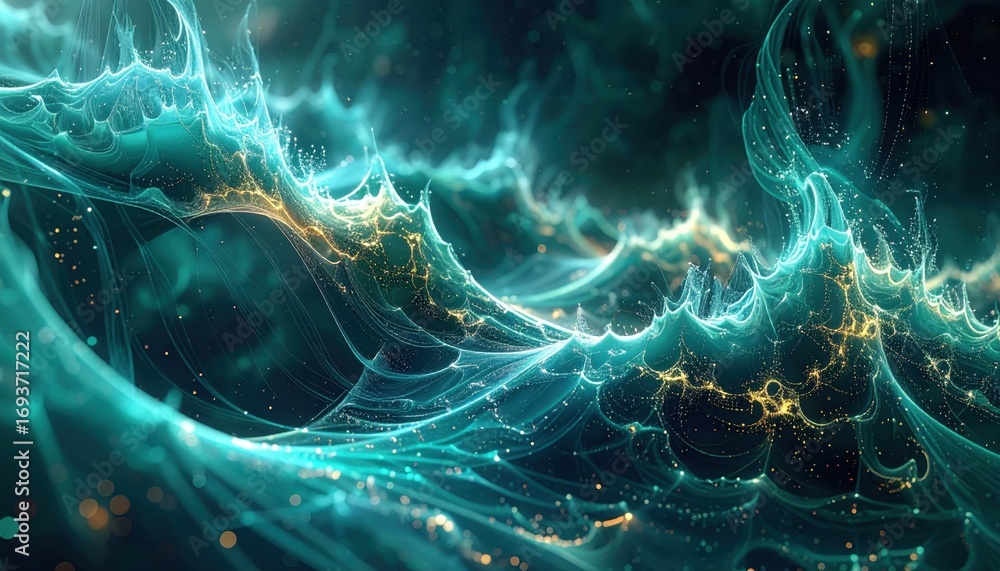 Poster intricate teal and gold abstract design showcasing dynamic patterns and shimmering particles.