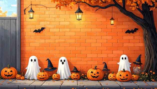 Halloween street scene with ghosts and pumpkins - Powered by Adobe