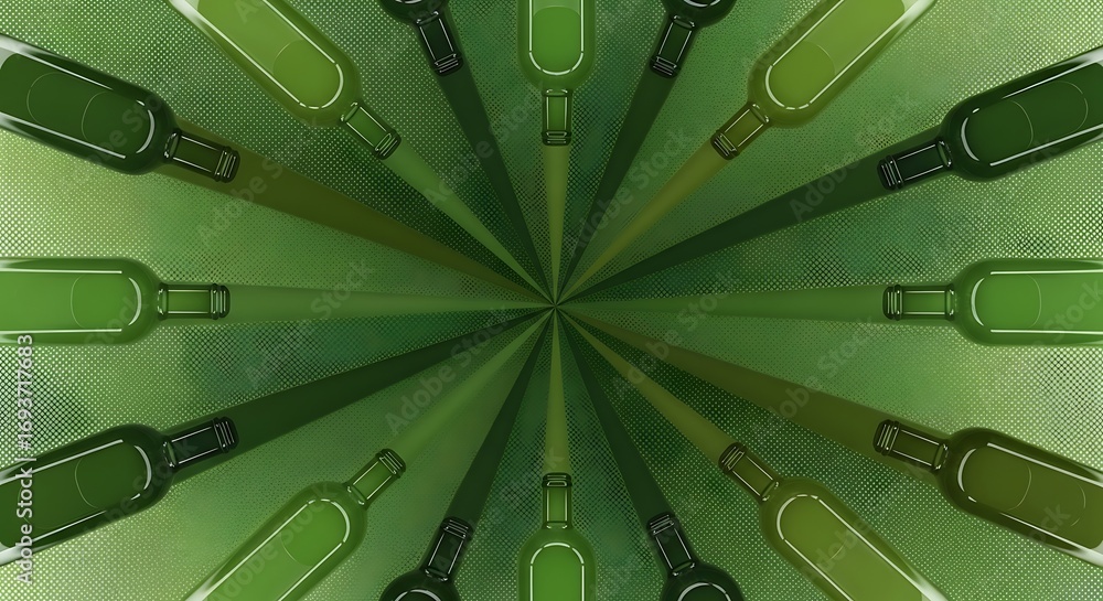 Poster kaleidoscopic green - abstract wine bottle array in radial symmetry, artistic pattern.