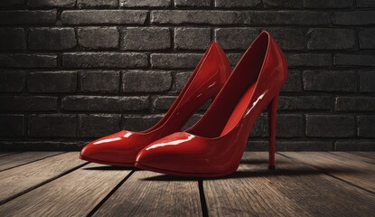 Red high-heeled shoes on wooden floor (1)
