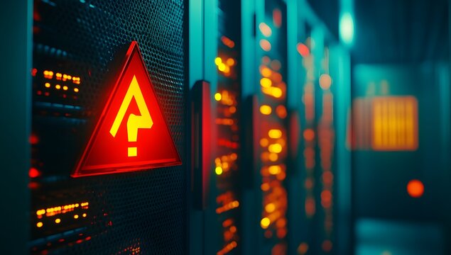 A red exclamation mark on the background of server cabinets with data center equipment