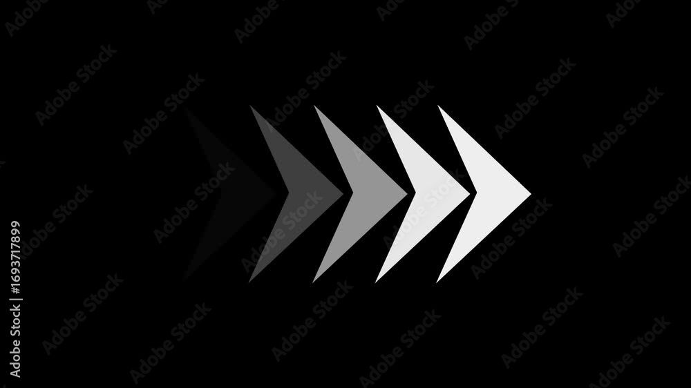 Poster four grey and white arrows in increasing size and saturation pointing to the right on a black backgr